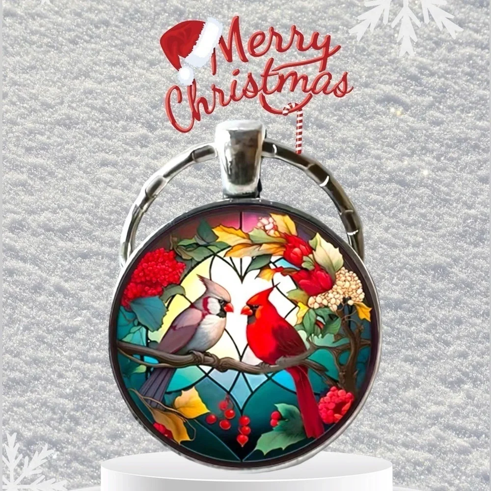Cardinal Keychain Stained Glass Birds Motif Keyring Pendant Floral Multipurpose